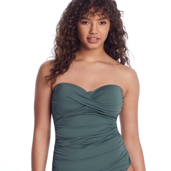 Anne Cole Olive Green Ruched Bandeau Tankini - Large Petite - Picture 1 of 7